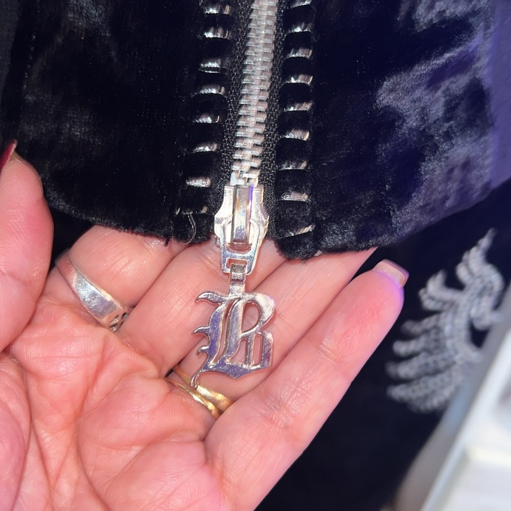 BCBGMaxAzria  Y2K 90s black rhinestone silver embellished Velour Track Suit M - Picture 7 of 16